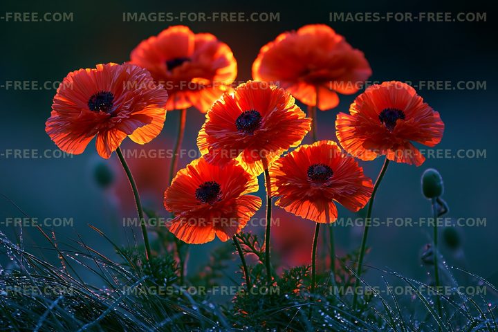 Bright red poppies together in a field at sunset