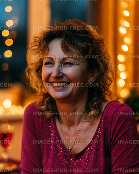 Woman smiling in front of decorated festive lights