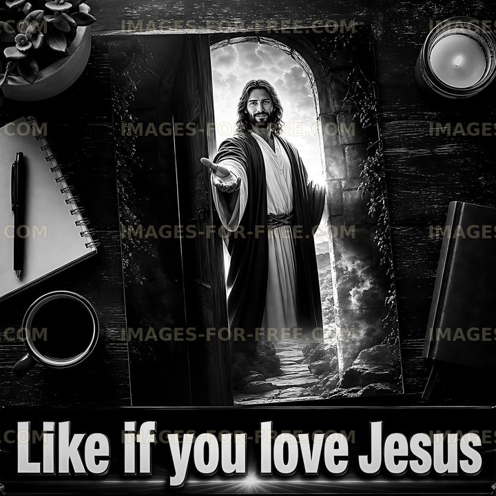 Doorway with Jesus reaching out in a black and white scene
