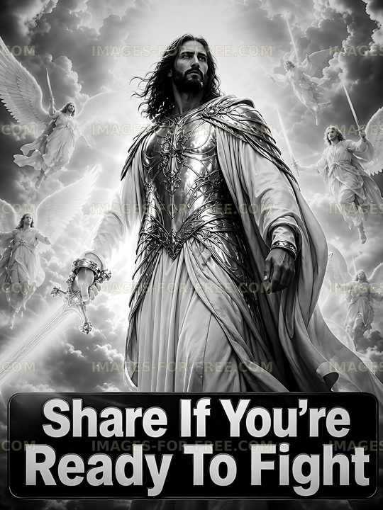 Angel warrior stands in armor with sword