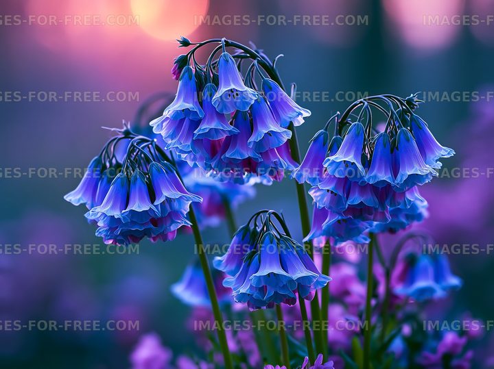 Purple bell flowers bloom in sunset light