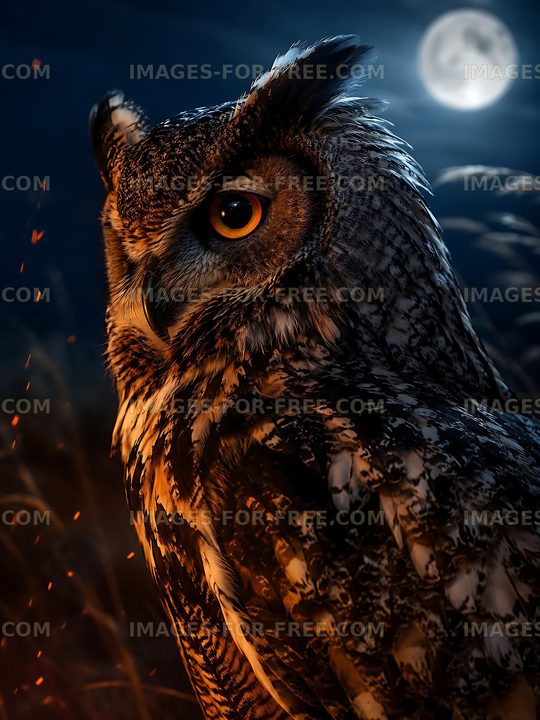 Owl perched in grass under a full moon at night