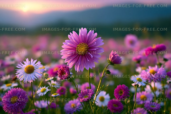 Colorful flowers bloom in a field during sunset