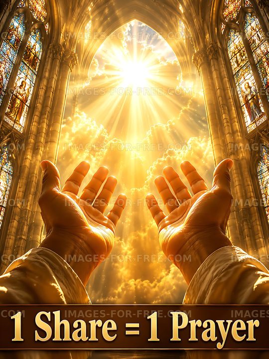 Hands raised in a cathedral with light shining from above