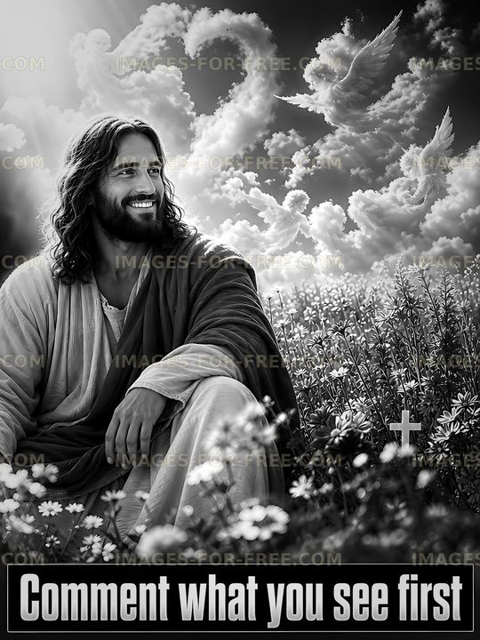 Man sitting among flowers with clouds in the background