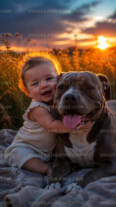 Child hugs dog during sunset in grassy field