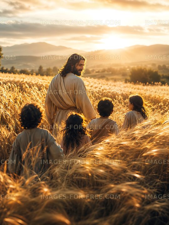 Jesus walking with children in a golden wheat field at sunset