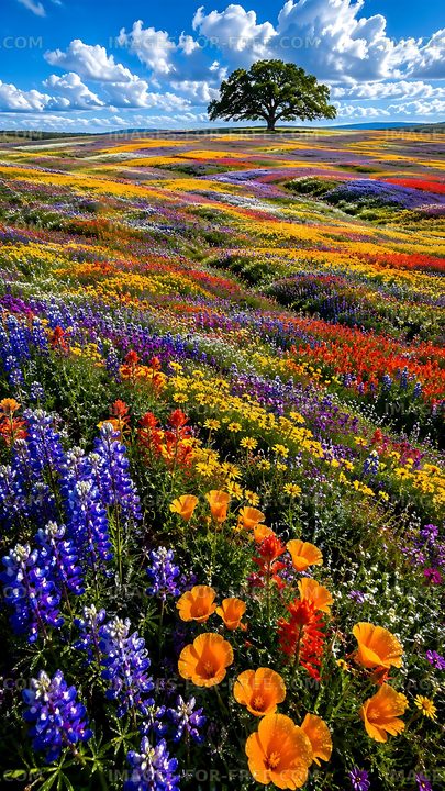 Colorful wildflower field under blue sky with clouds
