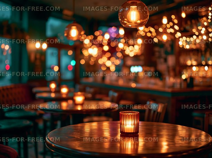 Warm candlelight in a cozy cafe with festive lights