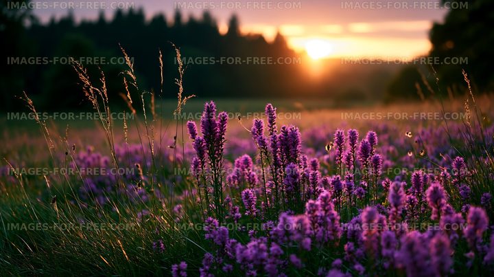 Sunset over a field with purple wildflowers