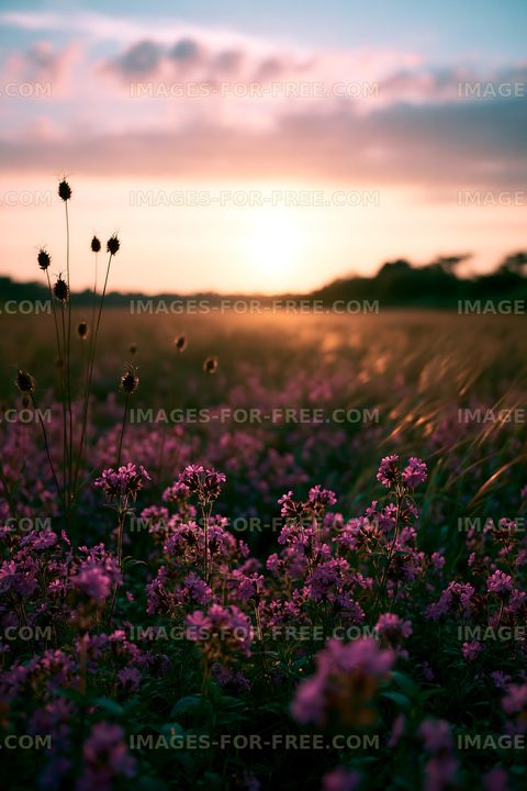 Sunset over a field of blooming flowers