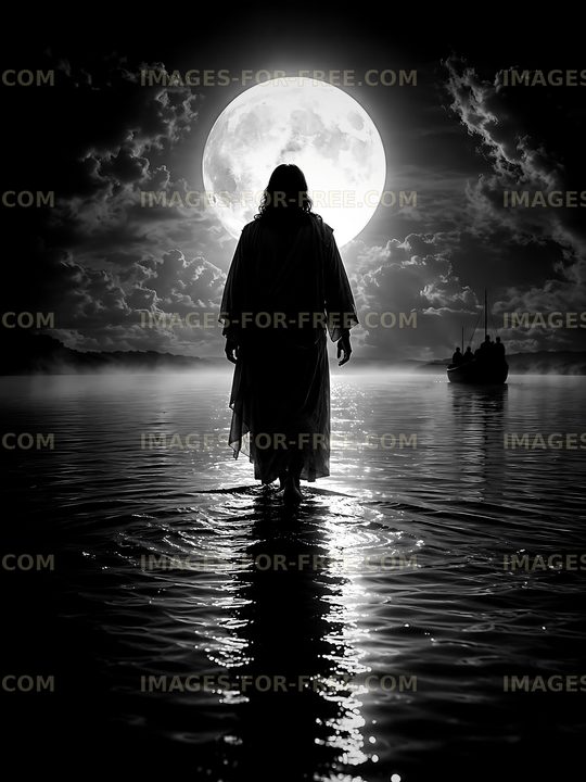 Person walking on water under a full moon