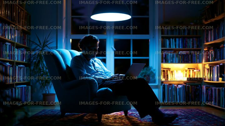 Person sitting in a chair working on laptop in dimly lit room