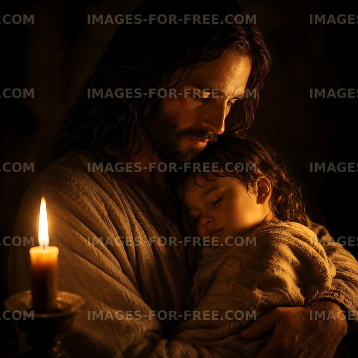 Father holding child by candlelight