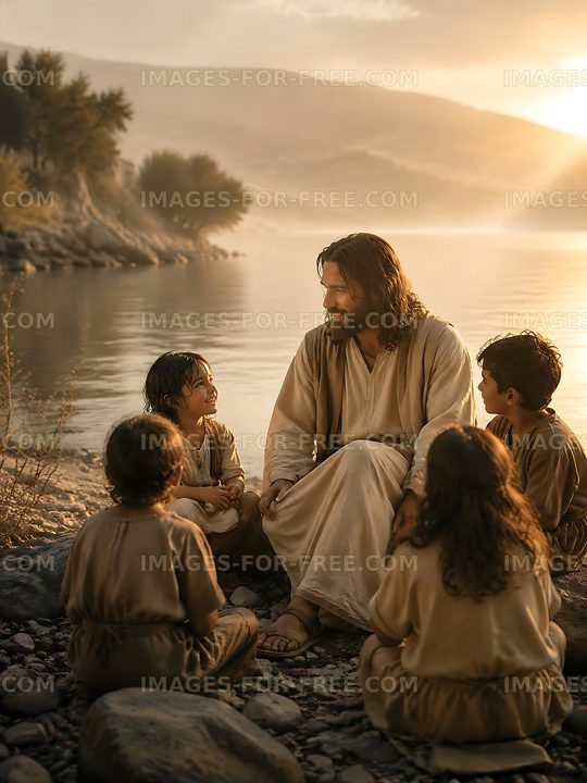 Jesus sitting by the river with children during sunset
