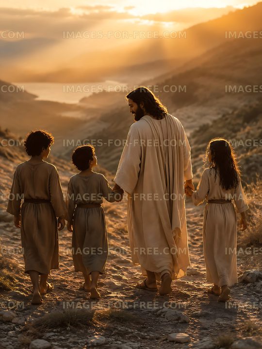Jesus walking with children on a path during sunset