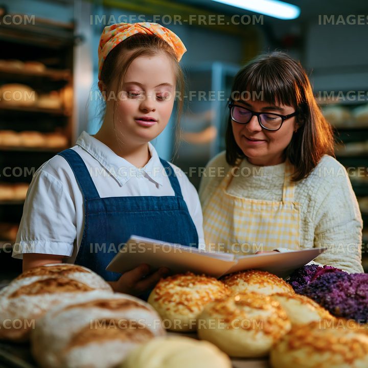 Bakers reviewing a recipe in a bakery with fresh bread