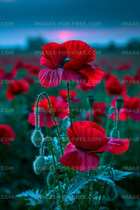 Red poppy flowers in a field at sunset