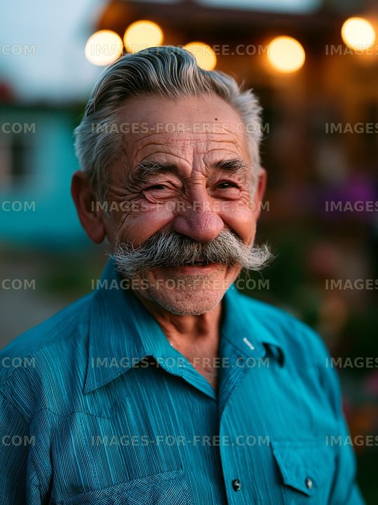 Smiling elderly man with a mustache outdoors