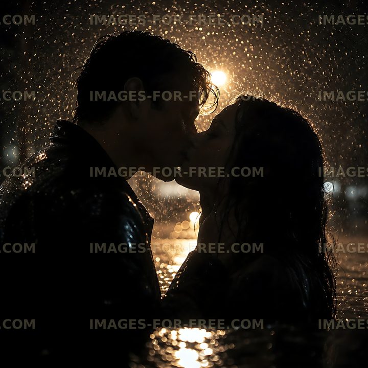 Couple kissing in the rain under streetlight at night