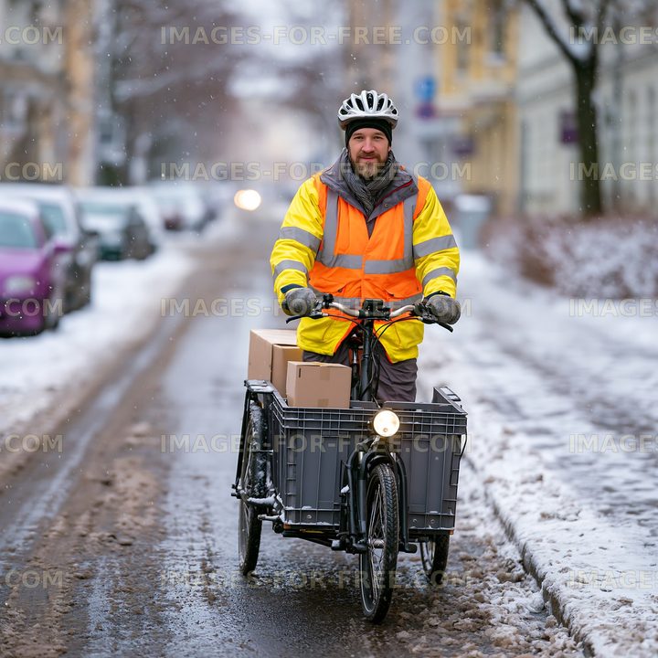 Delivery person riding a cargo bike through snowy street