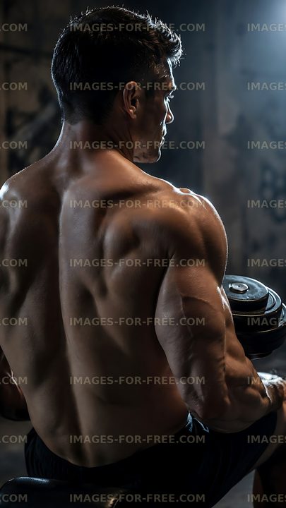 Muscular man lifting weights in a gym setting