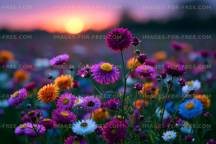 Colorful wildflowers bloom at sunset in a field