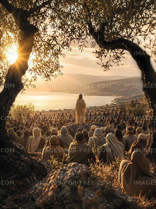Crowd listening to speaker at sunset in natural setting