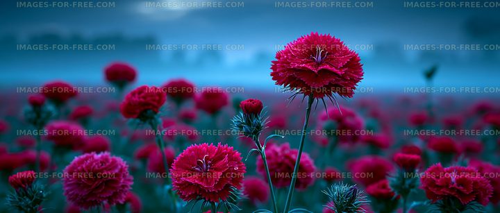 Red flowers bloom in a field at dusk