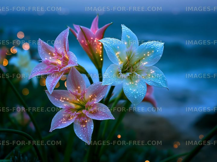 Flowers with dew by the ocean at dusk