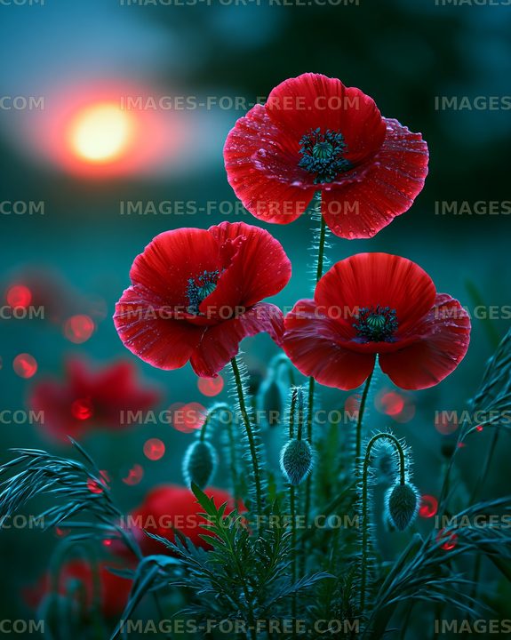 Red poppies blooming at sunset in a tranquil field