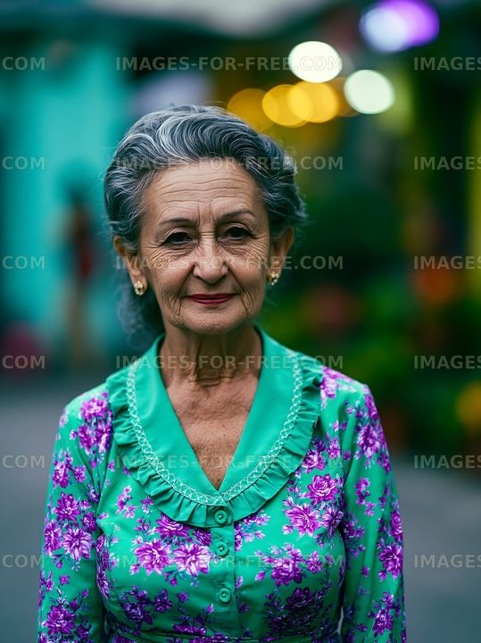 Elderly woman in traditional clothing stands in vibrant market