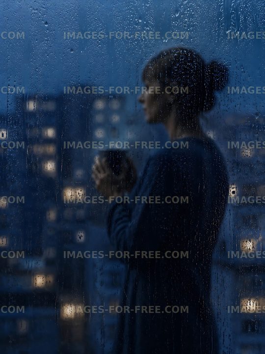 Person holding cup while looking out rainy window at night