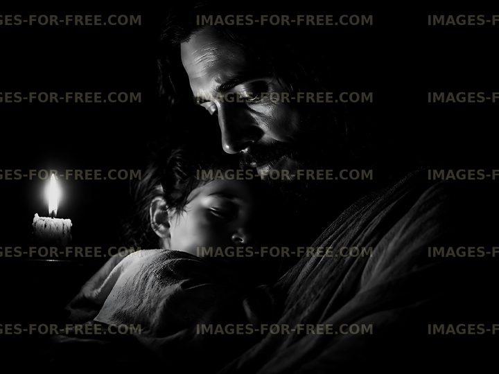 Father holding child by candlelight