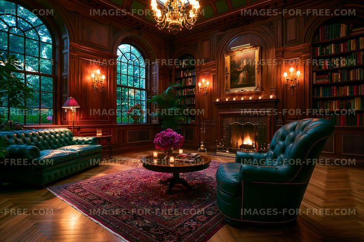 Cozy indoor living space with a fireplace and bookshelves