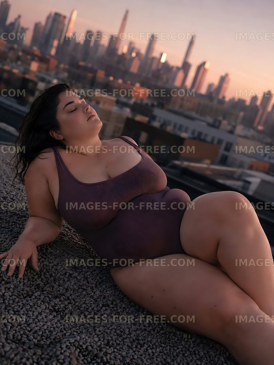 Model relaxing on rooftop at sunset with city skyline behind