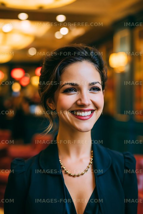 Woman smiling in a formal setting with warm lighting