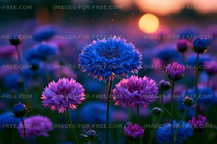 Colorful wildflowers in a field at sunset