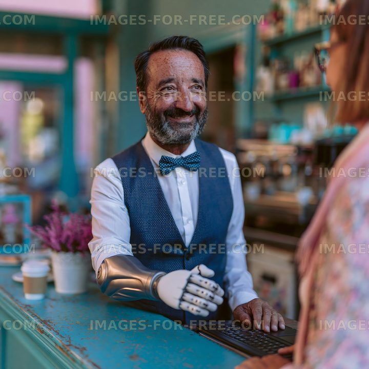 Barista with prosthetic arm serves coffee to customer