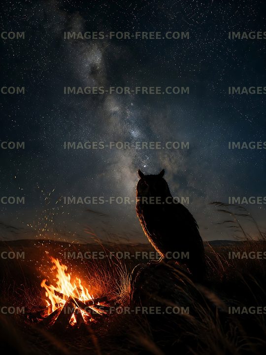 Owl silhouette near campfire under starry night sky