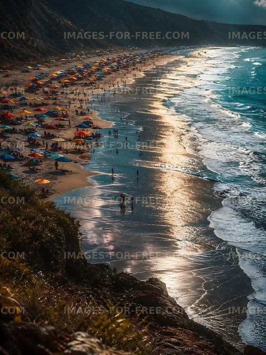 Crowded beach with colorful tents during sunny daytime