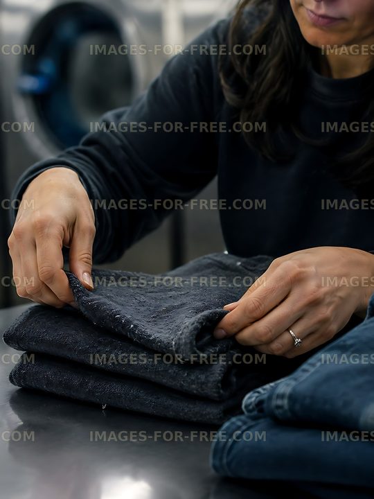 Woman folding clothes in a laundry facility