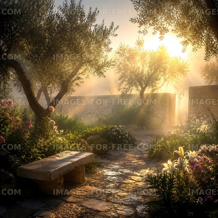 Sunlight through olive trees in a garden at sunrise