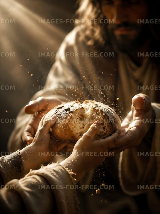 Sharing bread in a warm light setting