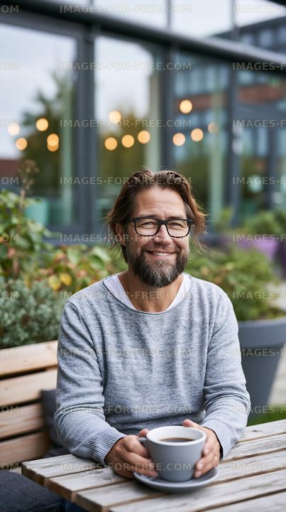 Man enjoying coffee outside cafe with greenery