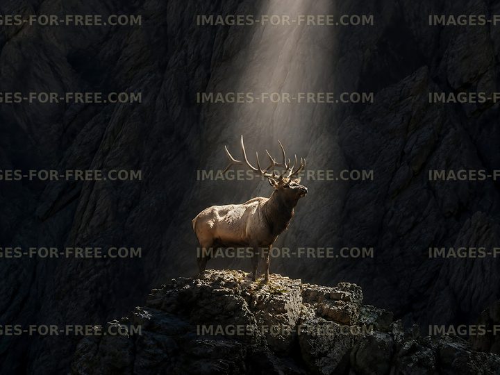 Elk standing tall on rock with sunlight shining down