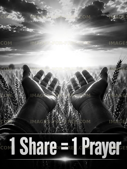 Hands raised in wheat field with sunset sky in background