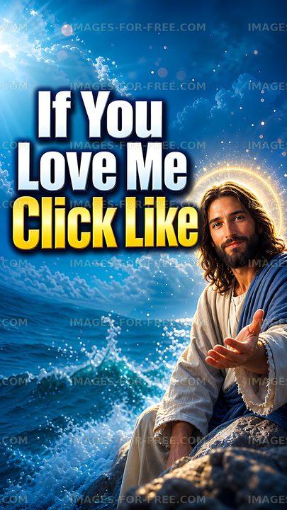 Jesus with hand outstretched and message on a bright background