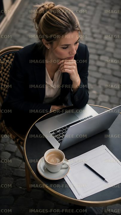 Businesswoman working on laptop at outdoor cafe