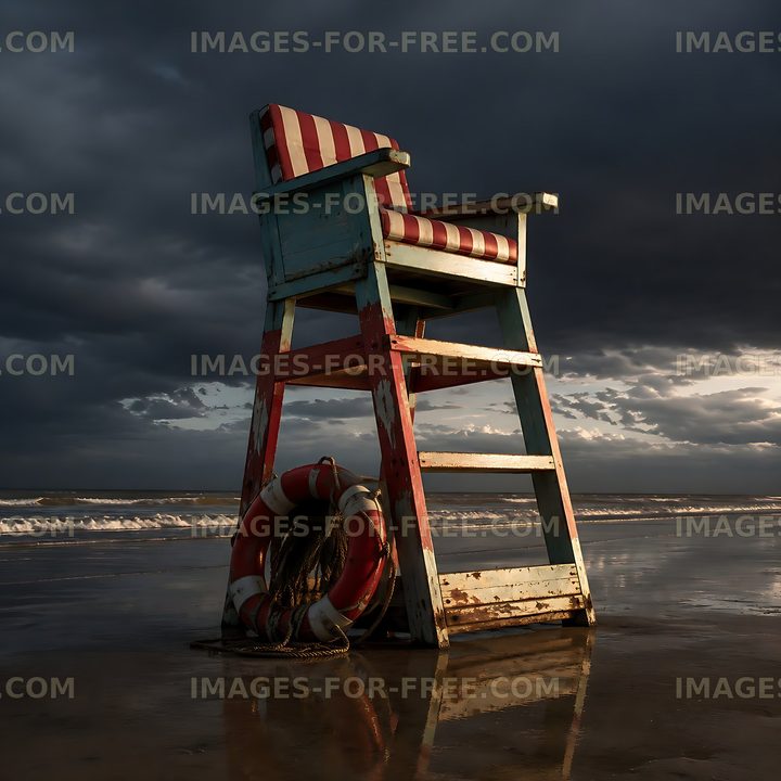 Lifeguard chair and life buoy on beach under cloudy sky
